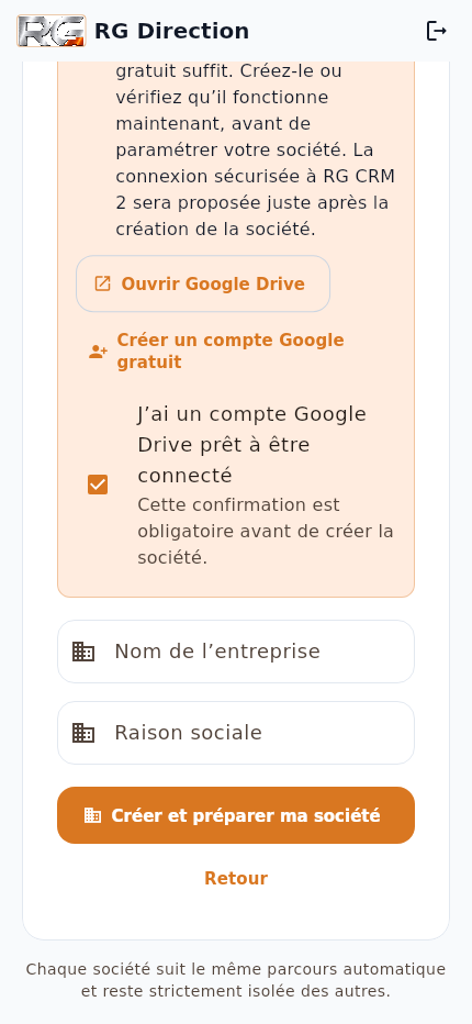 Écran réel RG Direction après confirmation du prérequis Google Drive